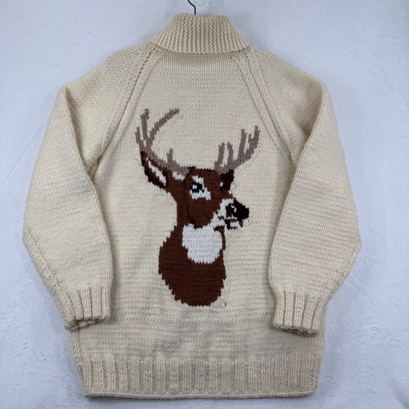 Vtg 60s Mary Maxim Hand Knit Zip Up Cardigan Sweater Deer Stag Cottagecore XL - Picture 1 of 8